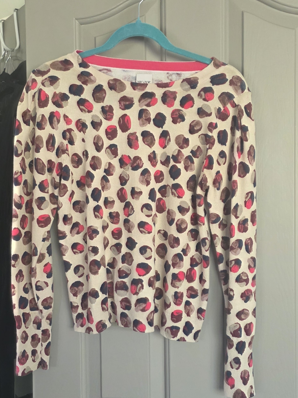 NIC+ZOE Beige Leopard Print Sweater with Pink Accents